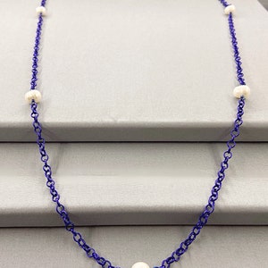 Long Chain Rope Style Pearl Endless Necklace, 34 Inch, Choice Of Colour, White Pearl Station Necklace, Tin Cup Pearl Necklace, June Gift Blue