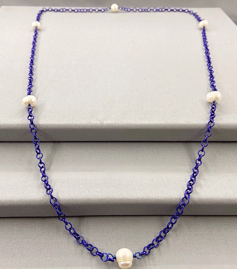 Long Chain Rope Style Pearl Endless Necklace, 34 Inch, Choice Of Colour, White Pearl Station Necklace, Tin Cup Pearl Necklace, June Gift Blue