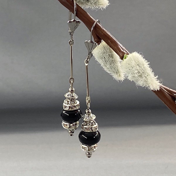 Elegant Art Deco Black Onyx Drop Earrings, Black Sparkly Dangle Earrings, Long Silver & Black Earrings, Dainty Drop Earrings