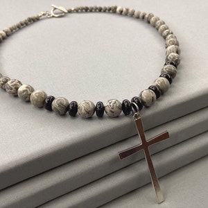 Silver Jasper & Black Tourmaline Cross Pendant Necklace - Gothic Boho Jewelry