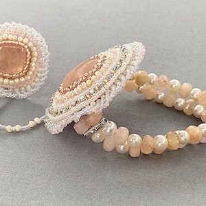 Morganite & Pearl Beaded Bracelet With Ring Attachment, Hand Jewellery, Bead Embroidery, June Birthstone