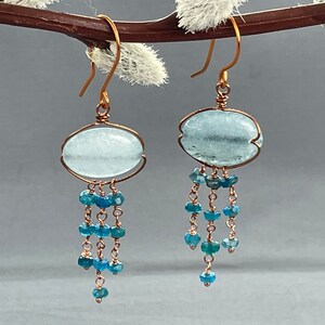 Aquamarine & Neon Apatite Earrings, Blue Stone and Copper Earrings, March Birthstone Gifts, Boho Gemstone Earrings, Beaded Jewellery