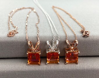 Square Solitaire Pendant, Orange Gemstone Padparadscha Quartz Necklace, Sterling Silver or 9ct Rose Gold Filled, 4.5 Carats