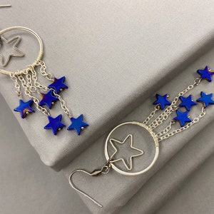 Blue & Silver Multi Star Earrings, Hematite Earrings, Shooting Star Earrings, Star Drop Earrings, Celestial Earrings, Everyday Earrings