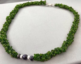 Chrome Diopside & Pearl Twisted Rope Style Necklace, Sterling Silver, Black Tahitian Pearl Neckpiece, 20 Inch, Cluster Necklace