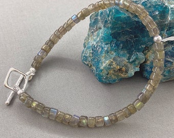 Natural Labradorite Bracelet, Ethnic Jewelry, Sterling Silver, Dainty Boho Bracelet, Layering Jewellery, Gem Beaded Stacking Bracelet