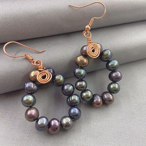 Peacock Pearl Hoop Earrings: Rose Gold Wire Wrapped Dangle