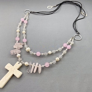 Rose Quartz Pearl Necklace: White Howlite Cross, Pastel Goth Opera Length