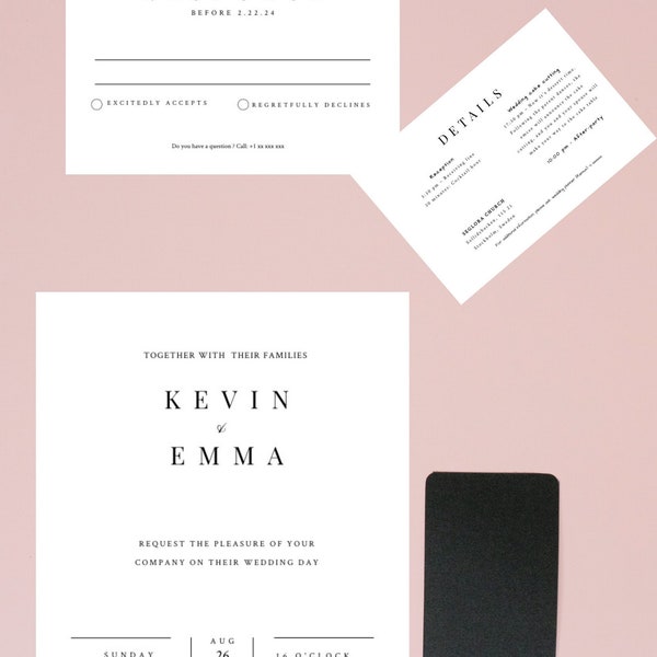 New - Minimalist Wedding Invitation Set, INSTANT DOWNLOAD, Modern, Simple, Elegant, Editable Template, Invite, RSVP, Details, Templett