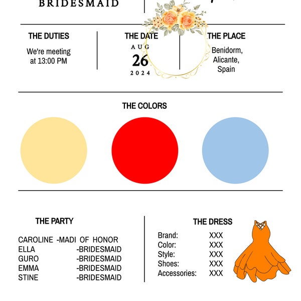 NEW-Bridesmaid Info Card Template, Bridal Party Info Card, Bridesmaid Information Card, Modern Minimalist Bridesmaid Infographic