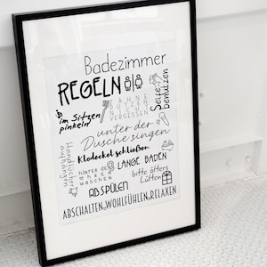 Bathroom Rules Poster – funny art print in black and white | A4 / A3 / A5 | Bathroom decoration on 300g paper | Modern toilet mural