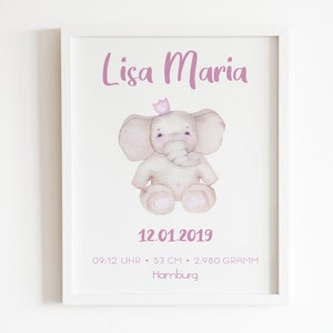 Carta natal / anuncio de nacimiento con un elefante - cartel personalizado en tamaños A5 - A3