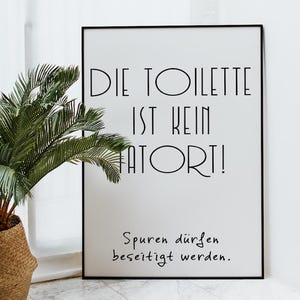 May include: A framed white print with black text that reads "DIE TOILETTE IST KEIN TATORT! Spuren d&uuml;rfen beseitigt werden." A potted plant with green fronds is in the foreground. The frame is black.