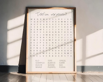 Word search poster bathroom – High-quality modern art print | Fun gift idea for birthdays, housewarmings, shared apartments, guest toilets
