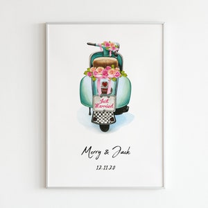 Hochzeitsposter personalisiert – Just Married Vespa mit Namen & Datum | Geschenk zur Hochzeit oder zum Jahrestag | Vintage-Motiv