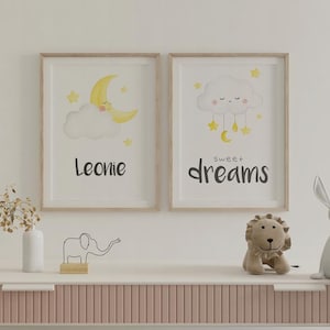 Juego de 2 pósteres infantiles con nombre (nube y luna) personalizados | Decoración de pared para habitación de bebé | Regalo para nacimiento o bautizo