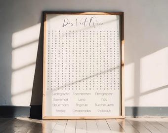Personalized Poster A5 A4 A3 | Word Search Puzzle | Gift Idea for Wedding, Birthday, or Birth | Customizable & Available as a PDF