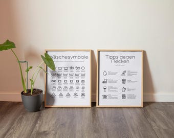 Póster práctico «Símbolos de lavandería y consejos para eliminar manchas»: impresión artística de alta calidad, diseño minimalista, idea de regalo para mudanzas.