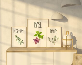 Kruidenposter Set van 3 A5 A4 A3 | Rozemarijn Basilicum Tijm Keuken Wanddecoratie Kunstdruk Cadeau-idee Modern