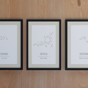 Molecule Poster Set - Dopamine, Oxytocin, Serotonin - Happiness Hormones as Posters - in Sizes A5 - A3