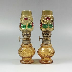 Miniature Amber Glass Kerosene Lamps: Embossed Floral Decor, Pair