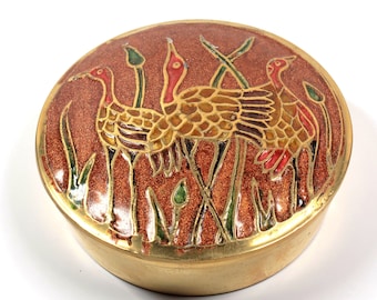 Vintage round box brass Birds motif cloisonne box Metal old mini box India Metal circle gold box Red enamel jewelery box Round trinket box