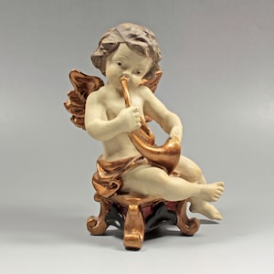 Figurine vintage ange musicien italien : statue religieuse peinte à la main