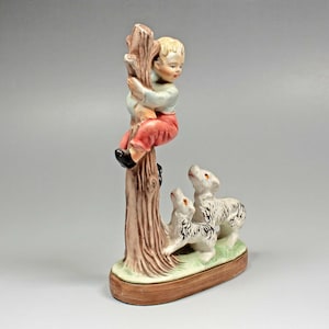 Vintage porcelain bisque figurine Boy sitting tree Ceramic Italy mid century figurine Country boy with dogs