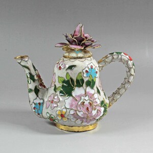 Vintage teapot cloisonne glass Miniatures teapot cloisonné Original enamel teapot France 70s Floral style old oriental miniature Chinese
