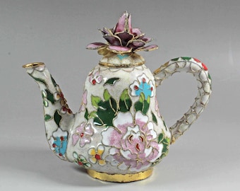 Tetera miniatura de cloisonné vintage: esmalte floral, decoración oriental de los años 70.