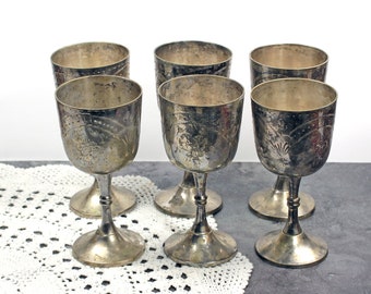 Vintage 6 metal glasses Liquor wine sherry service Set brandy silver glasses 6 set silver metal goblets
