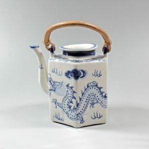 Old decorative teapot bamboo handle Blue white ceramic teapot made in China Vintage teapot pottery China