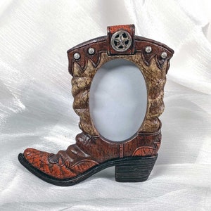 Stone plastic America photoframe Figural cowboy boot photo frame 3x3 Brown boot mini frames 90s Country photo frame 80s French photo frame