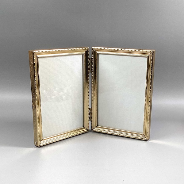 Old gold double photo frame Antique patina photo frame 50s 3x3 kinder photo frame Book old metal frame French brass small photo frame