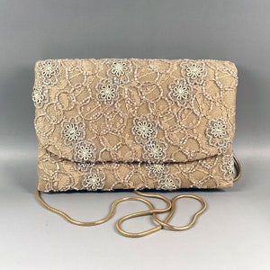Clutch vintage beige de guipur Bolso de encaje antiguo con cuentas Bolso de noche Bolsos estilo retro años 70 Bolso rectangular bordado con motivo floral asa larga