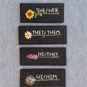 Custom Pronoun Patch | Floral Embroidery Iron-On Patch | Personalized LGBTQ+ Gift