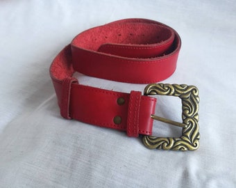 Vintage rode leren riem, brede damesriem met gesp