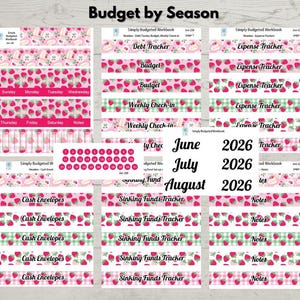 May include: A collection of planner stickers with a strawberry theme. The stickers include headers for debt, budget, and expense tracking, as well as weekly check-ins and cash envelopes. The stickers also include the months June, July, and August 2026.