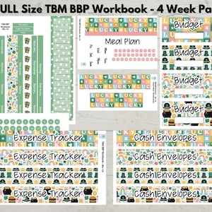 May include: A full-size workbook pack with a St. Patrick's Day theme. The pack includes expense trackers, budget sheets, meal plan pages, and decorative stickers. The designs feature rainbows, shamrocks, pots of gold, and the word "Lucky".