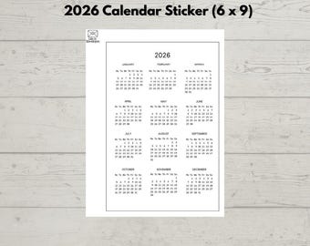 Pegatina de calendario 2026 de 6 x 9 pulgadas