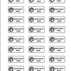 May include: Sheet of white labels with the text "Heartworm Meds" and a paw print icon. The labels are arranged in rows and columns. The top left corner has a floral design and the letters "LIE".