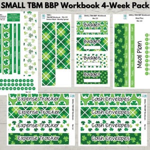 May include: A collection of planner stickers with a St. Patrick's Day theme. The stickers include labels for budget, expense tracking, and cash envelopes, along with decorative shamrock patterns in green and white. The text "SMALL TBM BBP Workbook 4-Week Pack" is at the top.