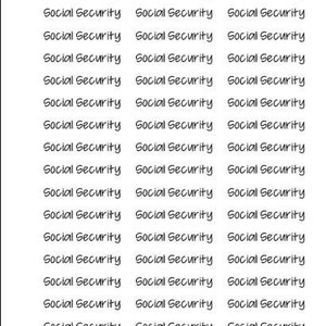 May include: White sticker sheet with multiple instances of the words "Social Security" in a handwritten style font. The stickers are arranged in rows and columns, with a small floral design in the upper left corner.