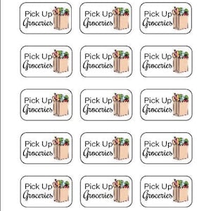 May include: Sheet of stickers with the text "Pick Up Groceries" in a handwritten font. Each sticker features a brown paper bag filled with colorful groceries. The stickers are rectangular with rounded corners and a white background.