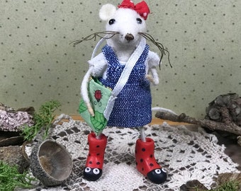 Nellie Mouse in ladybird wellies, needle felted dollhouse miniature doll