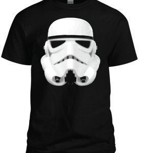 May include: Black t-shirt with a white, pixelated image of a Stormtrooper helmet.