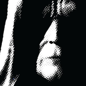 May include: Black and white halftone portrait of a person's face, with a focus on the nose and mouth.