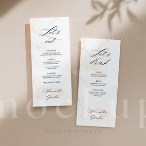 May include: Two beige cards with a marble texture and gold accents. The text on the cards reads "Let's eat" and "Let's drink". The cards list food and drink options for a wedding reception. The text at the bottom of the cards reads "Samantha Garden".