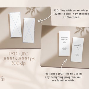 May include: Two mockups of a business card design with the text "YOUR DESIGN" on a beige background. The mockups are in PSD and JPG formats, 3000 x 2000 pixels, 300 dpi. The image also includes text about the files being flattened JPGs for use in any design program.