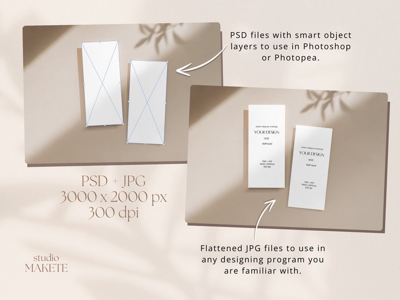 May include: Two mockups of a business card design with the text "YOUR DESIGN" on a beige background. The mockups are in PSD and JPG formats, 3000 x 2000 pixels, 300 dpi. The image also includes text about the files being flattened JPGs for use in any design program.